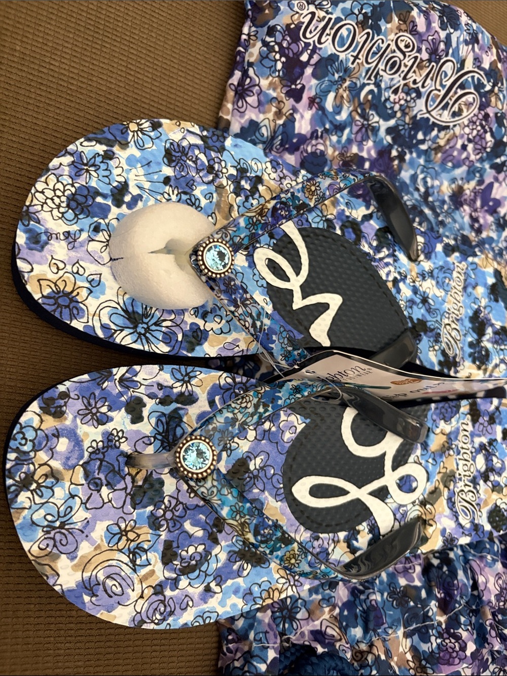 Brighton Blue Floral 'Love' Flip Flops with Jewel Accent - Picture 2 of 7